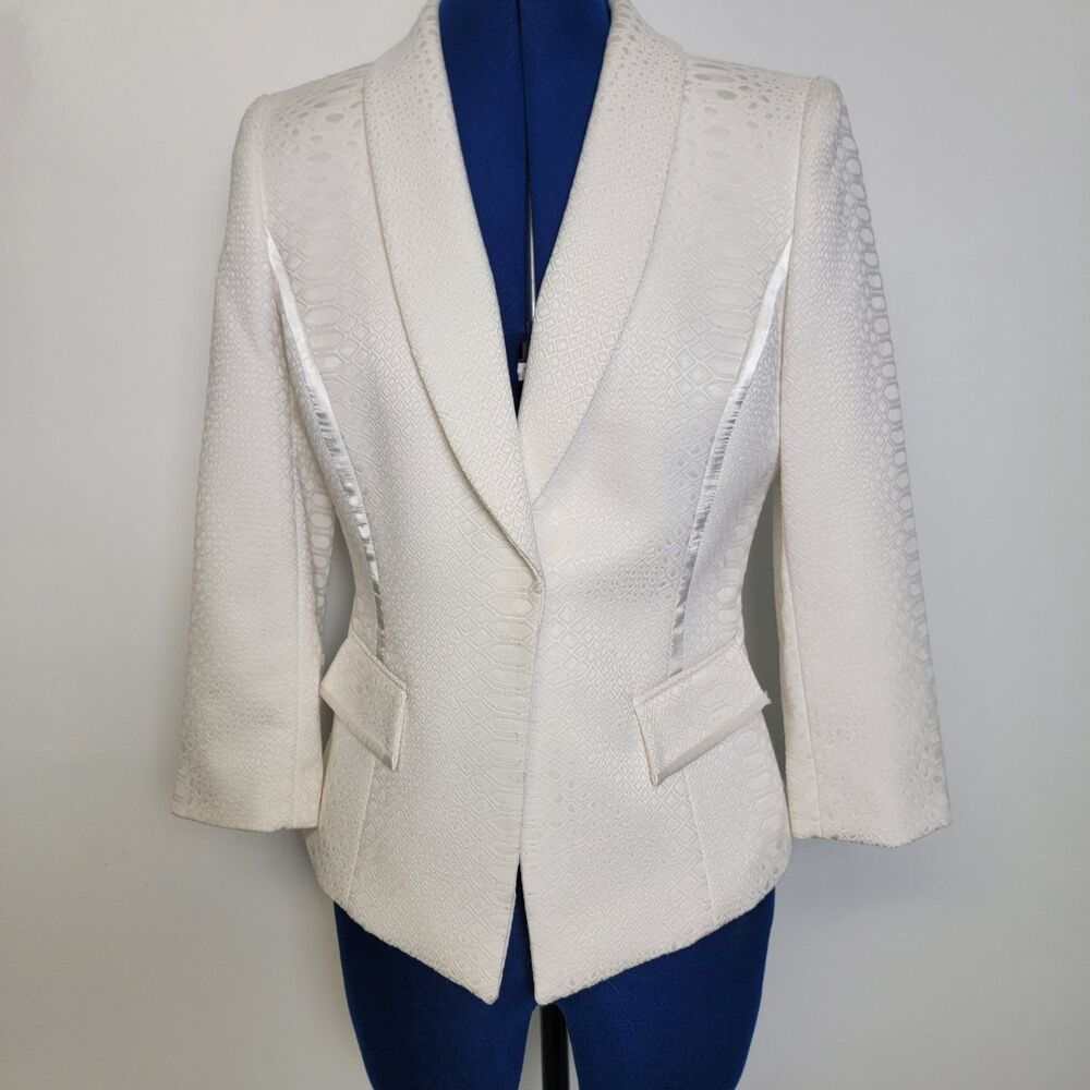 Gianni Bini Womens White Geometric Print Satin Trim Long Sleeve Lined Blazer 4